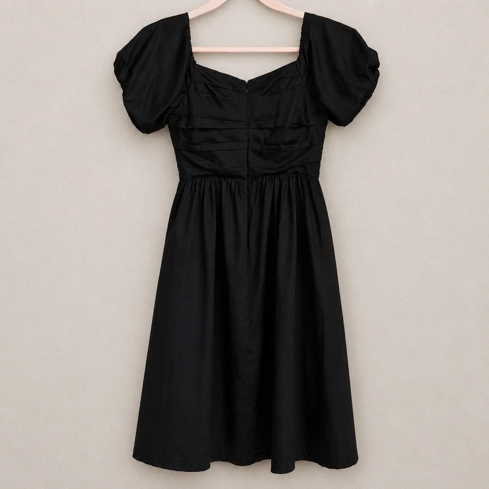 Elie Tahari Black Topaz Puff Sleeve Pleated Poplin Midi Dress SZ 10 Minimalist
